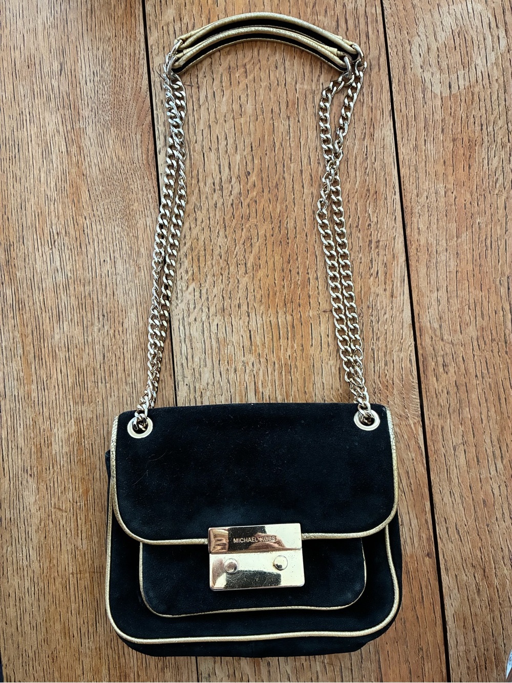 Michael Kors Sloan Black Suede Shoulder Bag with Gold Hardware